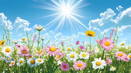 Wall Mural - Spring meadow with colorful flowers against sunny blue sky. nature background. Meadow. Illustration