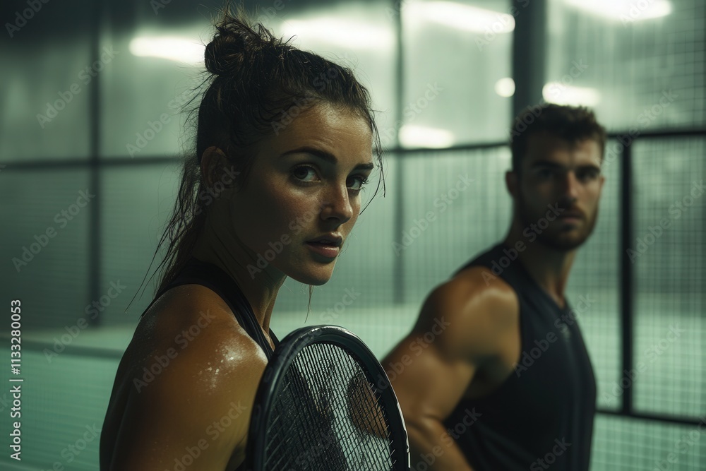Two athletes focus intently while preparing for a match at a sports complex. The environment is dimly lit, highlighting their determination and physical effort as they practice.