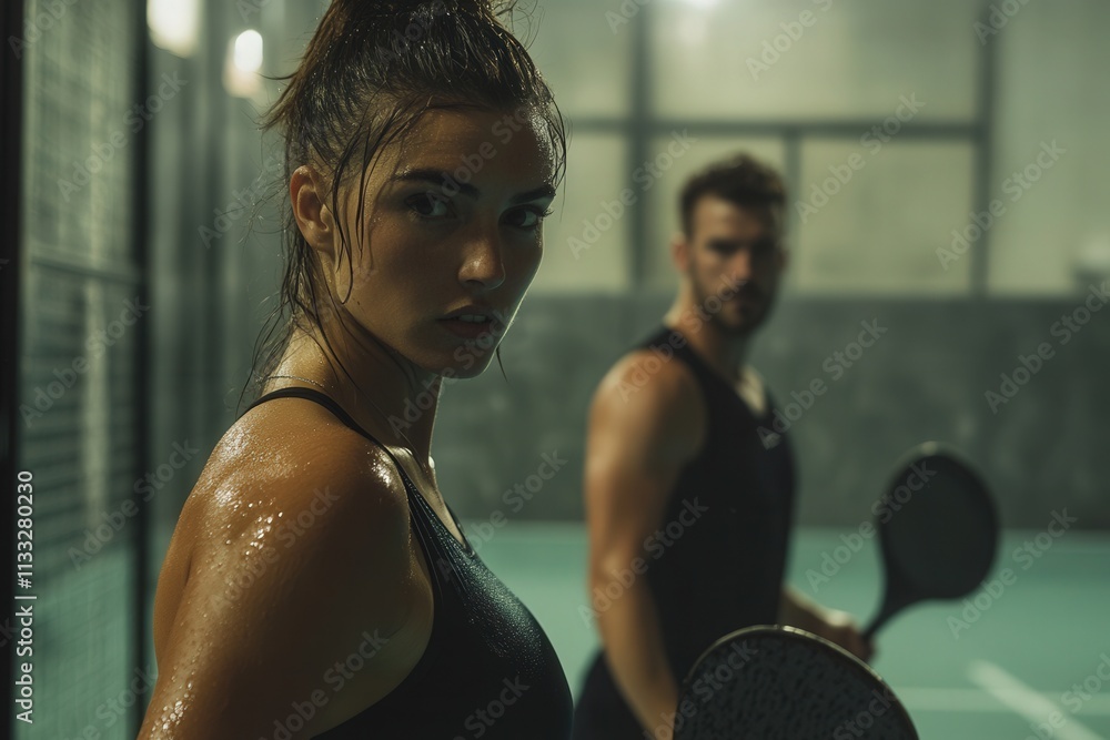 Two focused athletes stand on a padel court, showcasing determination. The female player, glistening with sweat, prepares for a powerful play while her male counterpart looks on intently.