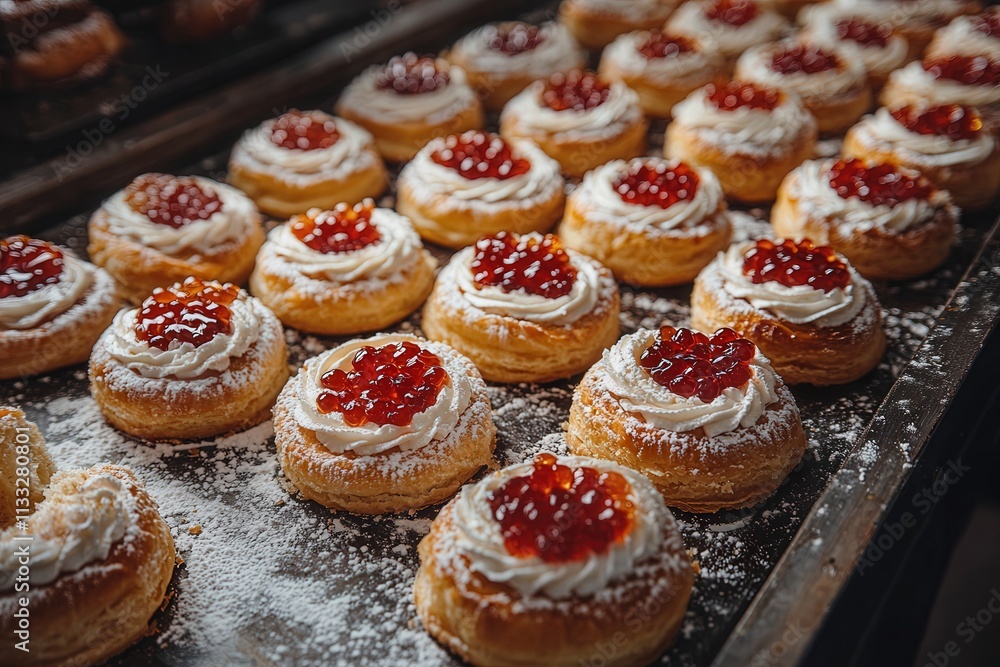 Freshly baked pastries topped with whipped cream and glossy berry jelly are arranged on a tray. The sweet treats are sprinkled with powdered sugar, creating an inviting display in a warm bakery.