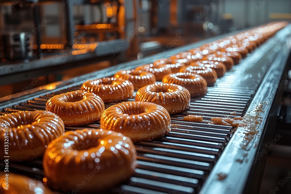 Dozens of freshly baked, glossy donuts travel along a conveyor belt in a warm production facility. The aroma of sweets fills the air as they prepare for distribution.