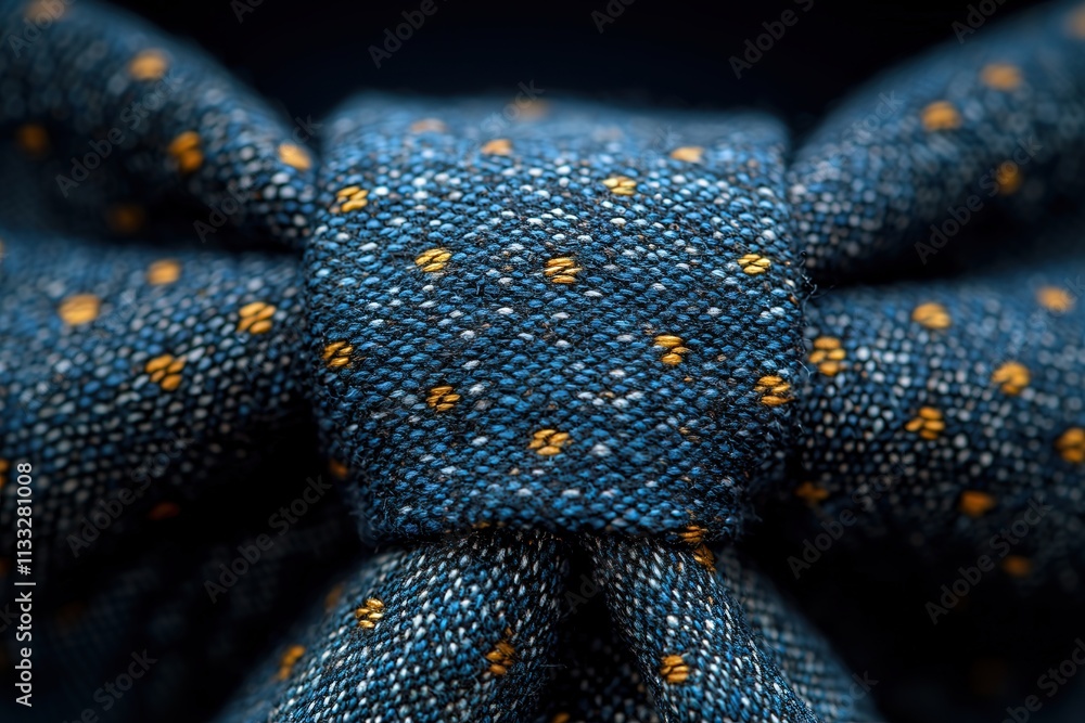 A close-up view of a blue tie with yellow polka dots highlights its intricate fabric texture and elegant knot. The colors blend beautifully, creating a sophisticated accessory.