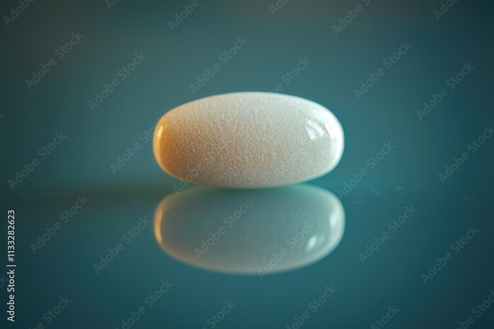A smooth white capsule rests on a reflective surface, illuminated by soft lighting that enhances its shape. The serene atmosphere emphasizes the simplicity of the subject.