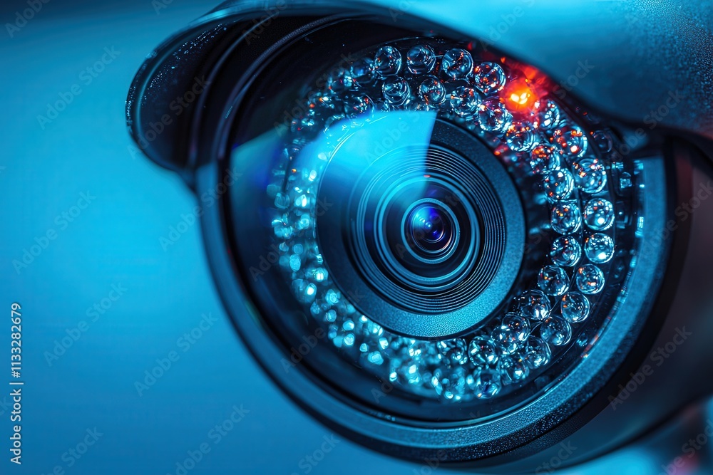 A close-up view captures the intricate design of a security camera lens, reflecting shades of blue light. The setting evokes a sense of high-tech monitoring in a contemporary space.