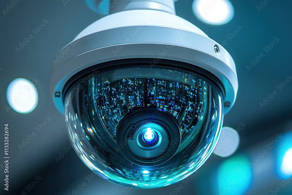 A modern surveillance camera captures activity in a bustling urban setting. Its lens reflects numerous bright lights, showcasing a high-tech environment focused on security and monitoring.