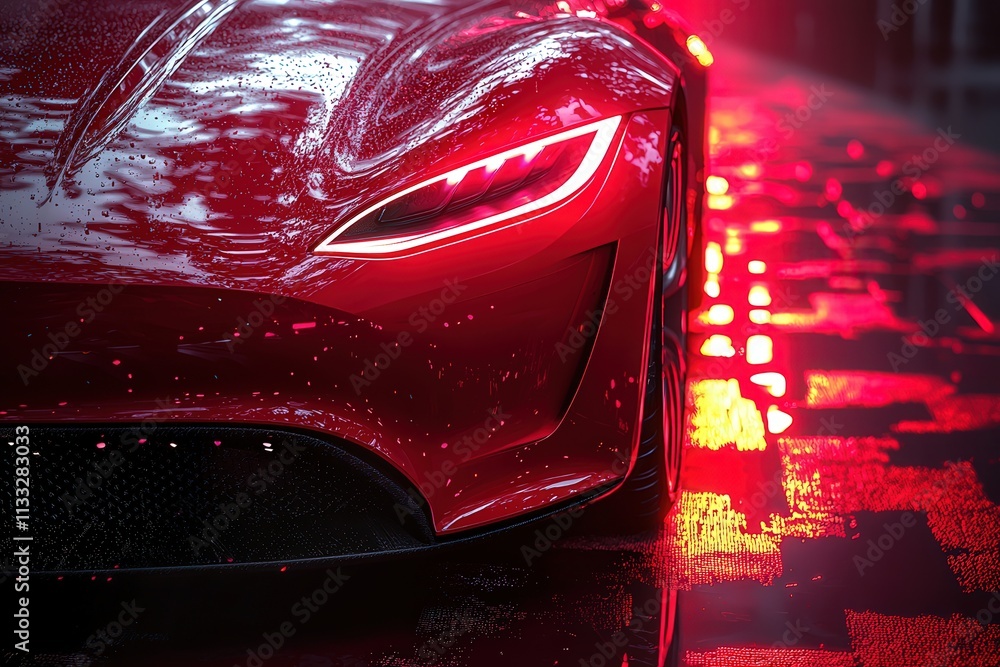 A striking red sports car with distinctive headlights is parked on a wet street during night. Reflections from the wet pavement enhance the dramatic atmosphere around the vehicle.