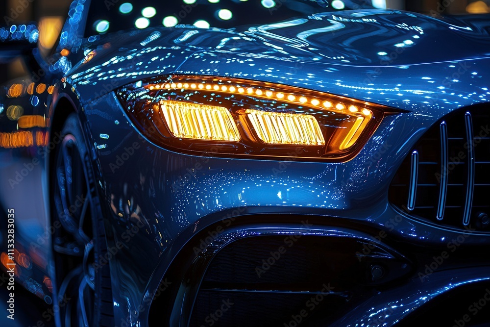A luxury car is showcased at night with brightly lit details drawing attention. The vibrant lights reflect off the cars sleek body, creating an eye-catching display for attendees.