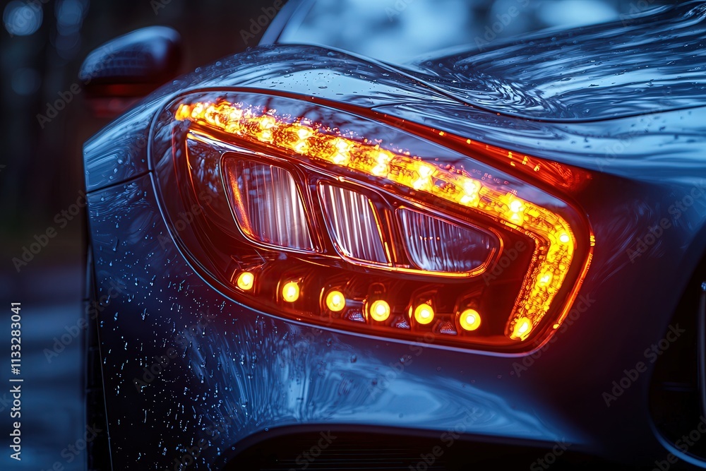 Sleek sports car glistens with raindrops as its bright amber lights shine through the dark, wet evening. The vibrant glow adds a striking contrast to the moody atmosphere.