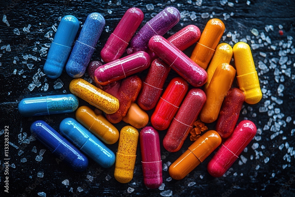 A vibrant assortment of capsules in various colors and sizes is artistically laid out on a dark surface. Sparkling salt crystals are sprinkled around, enhancing the visual appeal of the composition.
