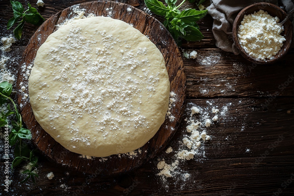 A round ball of pizza dough rests on a rustic wooden board, surrounded by flour and fresh basil. Crumbled cheese is in a bowl, ready to be added for a delicious meal.