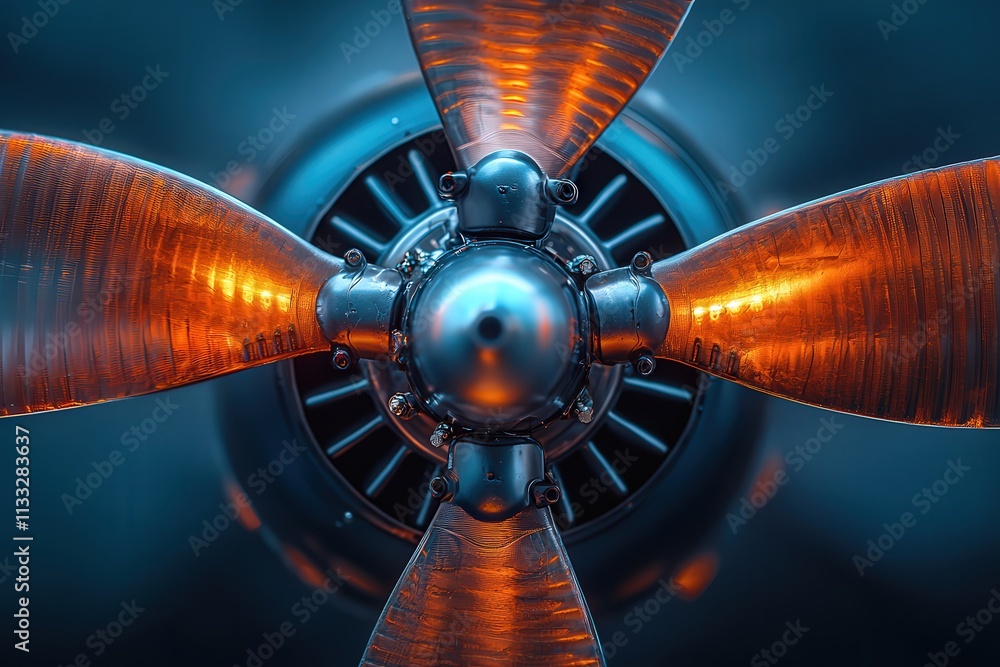A detailed view of an aircraft propeller highlighting its metallic blades and intricate components. The image captures reflections and textures, showcasing engineering precision in aviation.