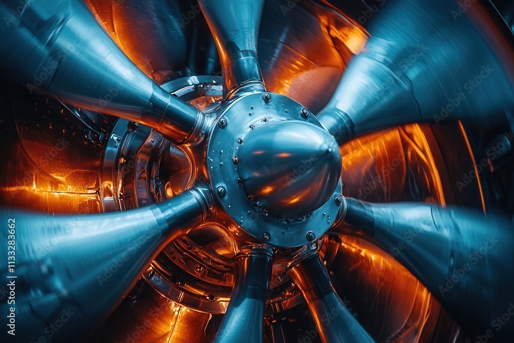 Tightly framed shot of a jet engine turbine highlighting the power and complexity of its design. The warm lighting accentuates the metallic textures and spinning blades.