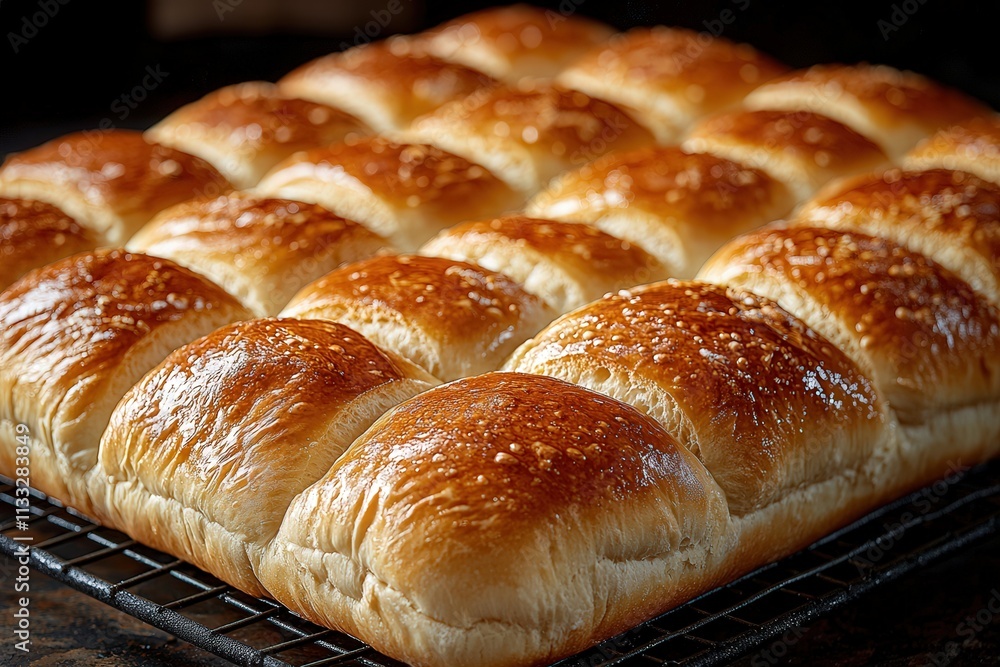 Soft and golden dinner rolls rest on a cooling rack in a warm kitchen. They are fluffy with a shiny crust, waiting to be served with a family meal. The atmosphere is inviting and homey.