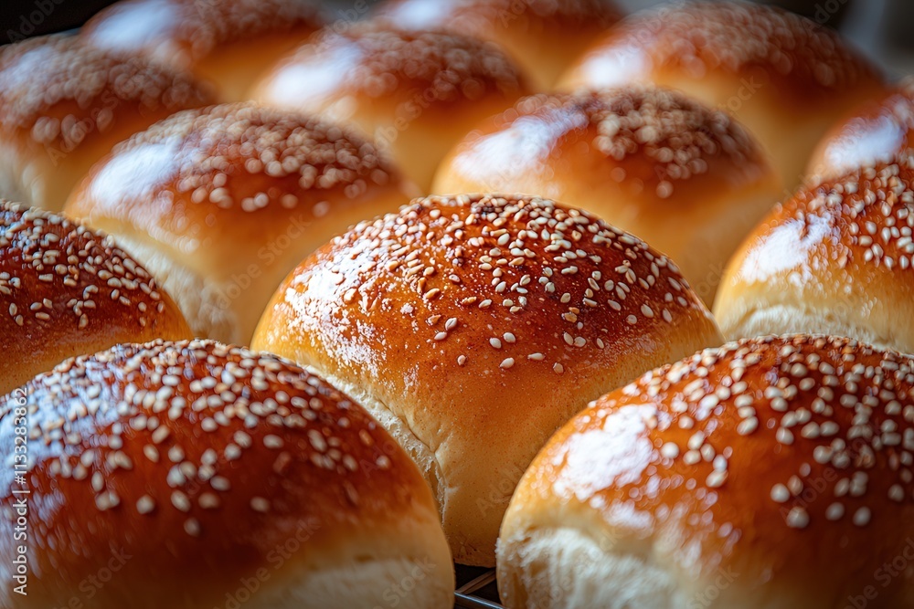 Soft and golden brown sesame seed rolls sit in orderly rows on a cooling rack, radiating warmth and inviting aromas, showcasing a perfect baking texture and sheen.