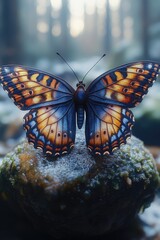 Wall Mural - A blue and orange butterfly perched on a rock, ready for takeoff