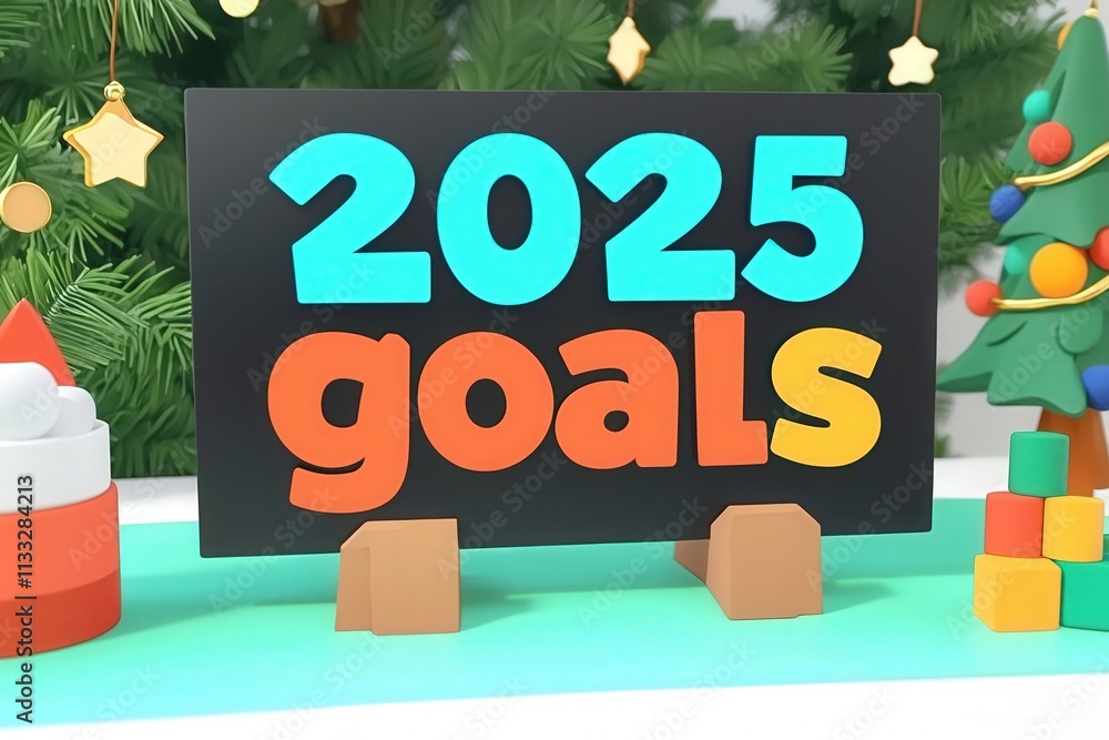 A sign displaying 2025 goals is positioned in a vibrant, festive environment. Colorful decorations, including a small Christmas tree and playful shapes, enhance the cheerful atmosphere.
