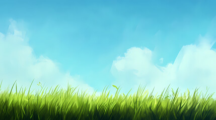 Idyllic spring meadow with lush green grass and blue sky abstract bokeh background. Meadow. Illustration