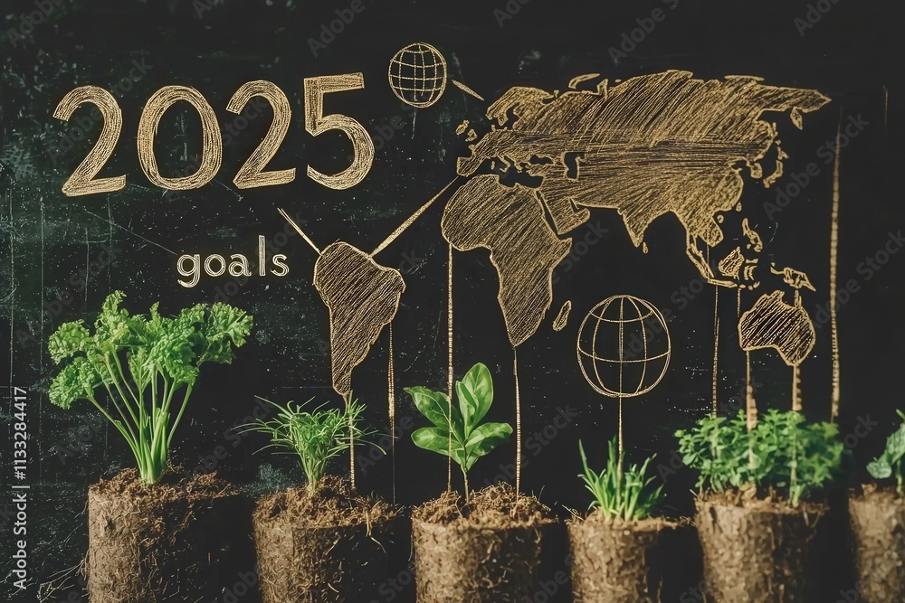 Growing plants in soil with a drawing of a world map signifies aspirations for sustainability and environmental goals in 2025. This highlights the importance of ecologically conscious planning.