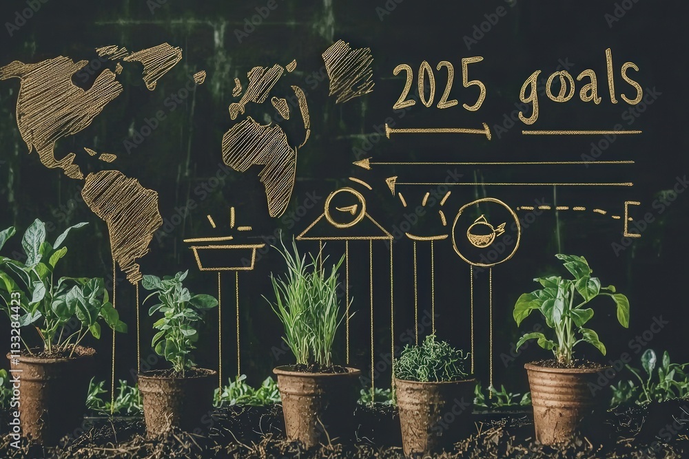 In a garden setting, various small potted plants represent growth ambitions for 2025. A world map and handwritten goals illustrate aspirations for sustainability and environmental responsibility.