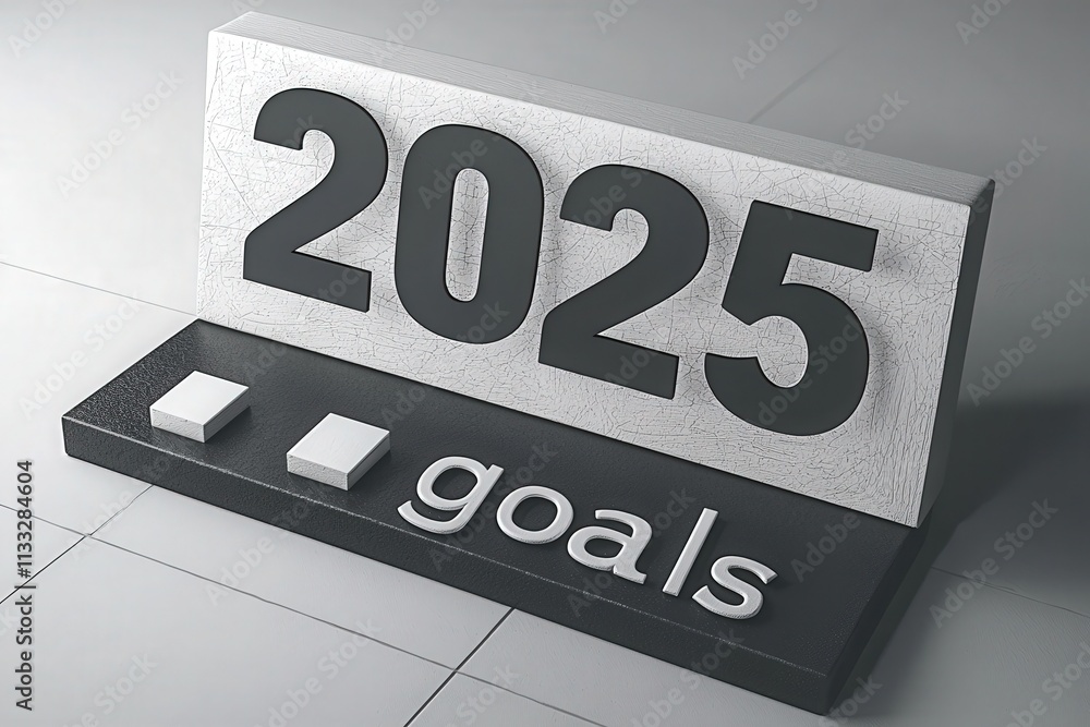 A modern display emphasizes the year 2025 alongside the word goals in a clean, minimalist font. The design features contrasting colors on a smooth surface, promoting focus and clarity.