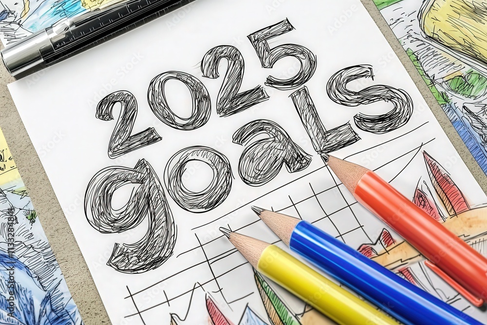A sheet of paper displays the bold text 2025 goals accompanied by colorful pencils.