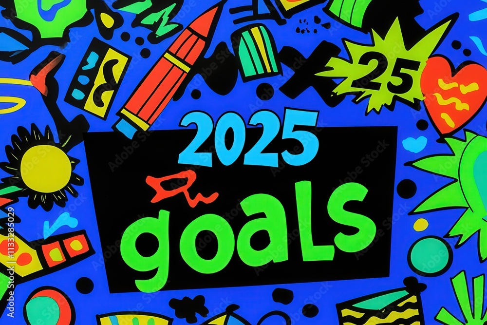 A lively and colorful design showcases the phrase 2025 goals surrounded by various doodles, including crayons, hearts, and abstract shapes, creating an inspiring visual for future aspirations.