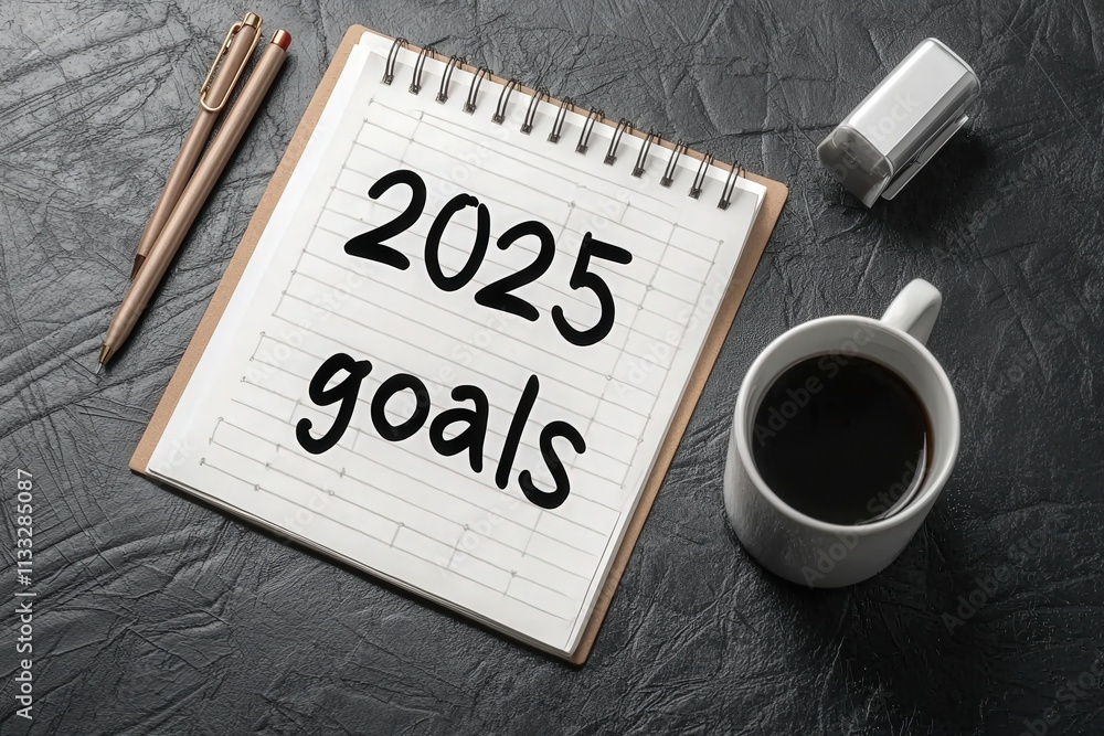 A notebook opened to a page labeled 2025 goals sits on a textured black surface. A coffee cup and a pen rest nearby, suggesting a planning or brainstorming session.