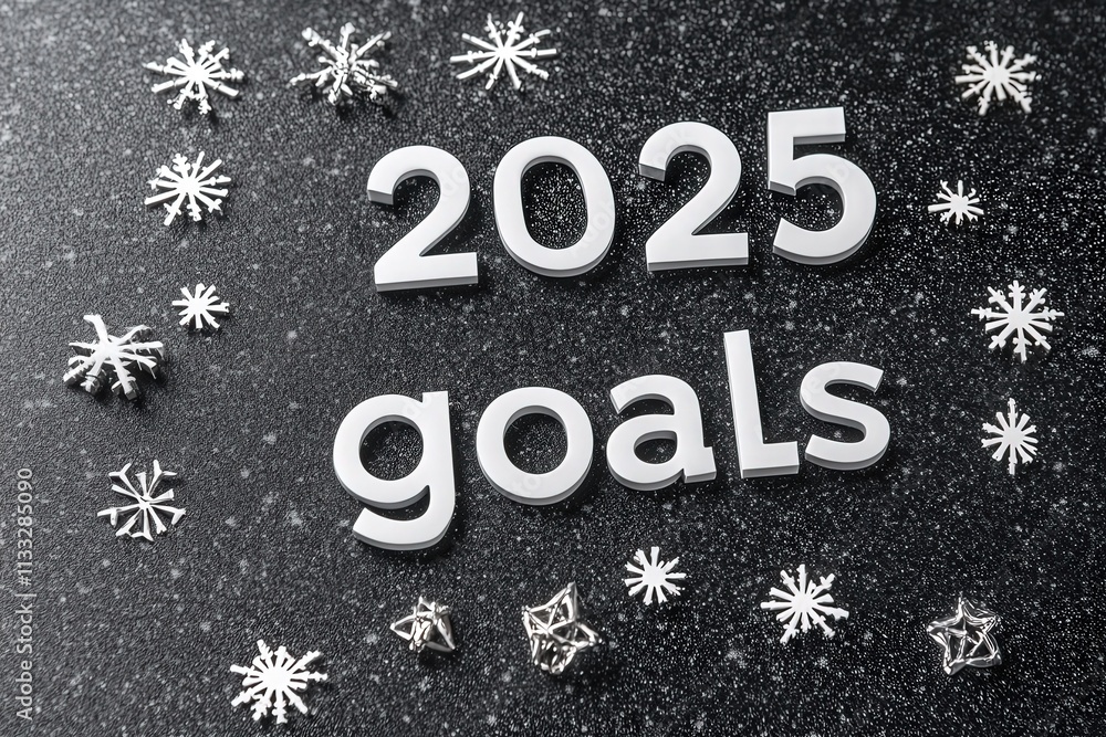 Numbers representing the year 2025 and the word goals are arranged on a dark surface. Sparkling snowflakes and star decorations create a festive ambiance, suggesting a focus on new year resolutions.