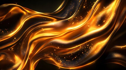 Poster - Shimmering Golden Fabric Flowing Gracefully with Sparkling Particles, Evoking Luxury and Elegance in a Dramatic Black Background for Visual Impact