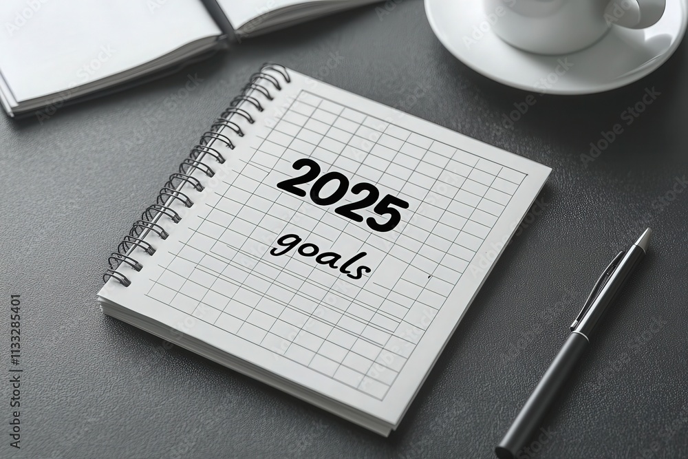 A clean notebook features the words 2025 goals prominently on the page. A coffee cup and an open notebook are nearby, creating a cozy setting for planning and reflection.