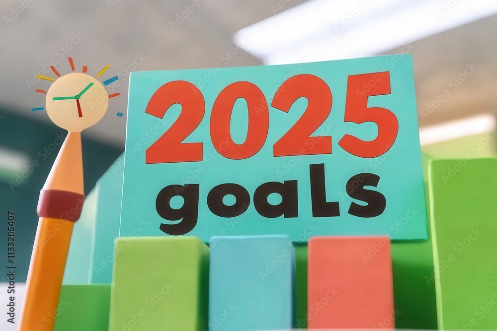 A vibrant display of a sign that reads 2025 goals surrounded by colorful blocks and a pencil with a clock. This setup emphasizes the importance of planning and organization for future achievements.