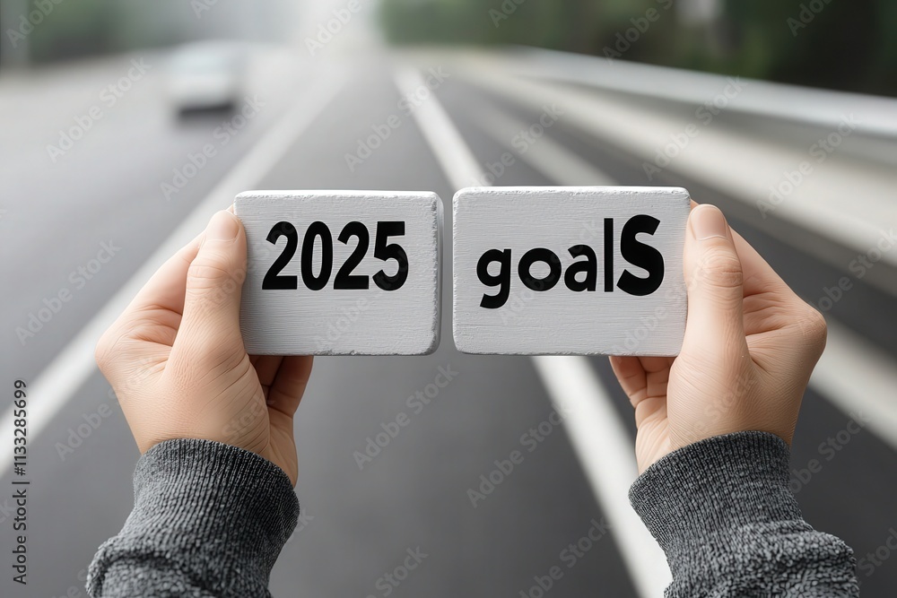 Two hands hold blocks displaying 2025 and goals against a blurred road background. The scene conveys ambition and future planning during a calm moment, perfect for reflection.