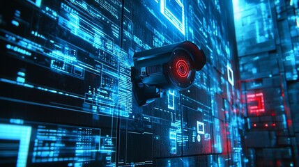 Poster - Surveillance camera against a backdrop of digital data and technology.