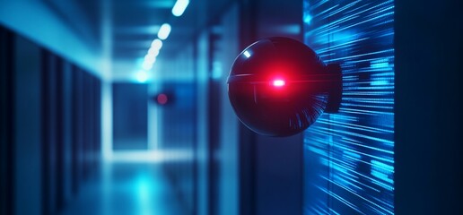 Poster - Surveillance camera in a high-tech corridor with blue lighting.