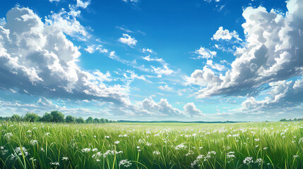 Wall Mural - Beautiful landscape with green grass, blue sky and white clouds. tranquil meadow or prairie with lush vegetation and scenic nature background. Meadow. Illustration
