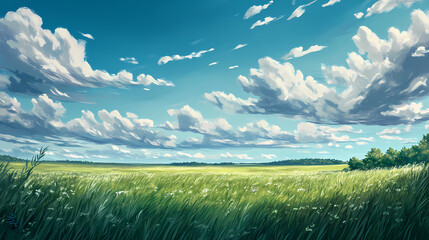 Wall Mural - Beautiful landscape with green grass, blue sky and white clouds. tranquil meadow or prairie with lush vegetation and scenic nature background. Meadow. Illustration