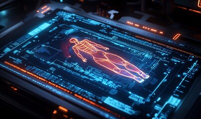 Poster - A digital interface displaying a holographic human anatomy model for analysis.