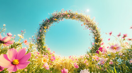 Poster - Circular portal in vibrant meadow with flowers in full bloom under clear blue sky. generative ai. Meadow. Illustration