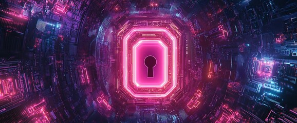 Poster - A digital lock surrounded by a futuristic, neon-lit circuit environment.