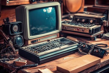 Sticker - An old computer sits on top of a wooden table, with a retro aesthetic