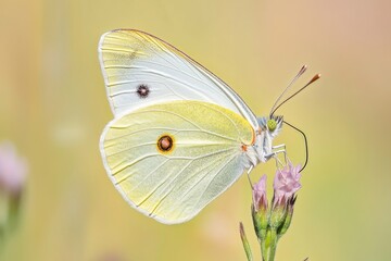 Wall Mural - A delicate white butterfly perched on a vibrant purple flower