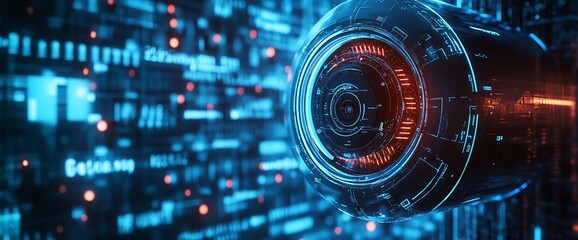 Poster - A futuristic camera lens surrounded by digital data streams and glowing elements.