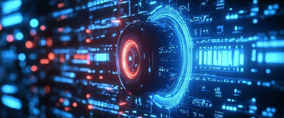 Poster - A futuristic digital interface featuring glowing circuits and a central hub.