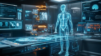 Poster - A futuristic lab showcasing a holographic human model and advanced technology interfaces.