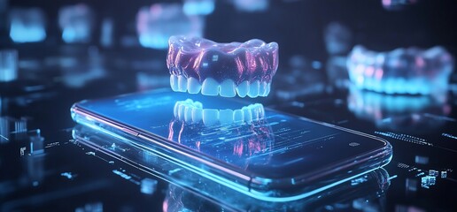 Poster - A futuristic smartphone displaying dental models in a digital environment.
