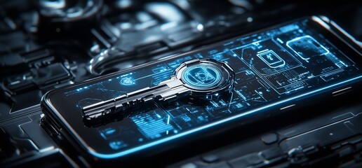 Poster - A futuristic smartphone displaying a digital key on a tech-inspired background.
