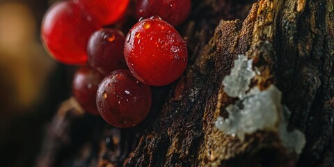 Sticker - A close-up shot of red berries growing on a tree branch, ideal for use in designs related to nature, food, or seasonal themes