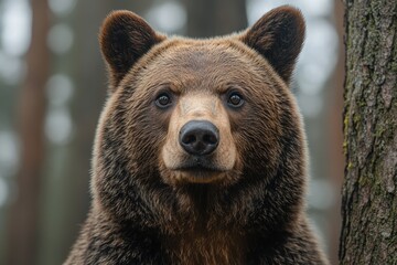 Canvas Print - Wildlife image of a brown bear standing beside a tree in its natural habitat