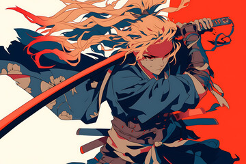 Wall Mural - A dynamic warrior with flowing hair brandishing a sword, set against a vibrant background.