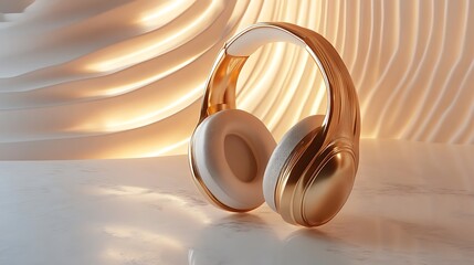 Sticker - 25. A futuristic gold headphone set with over-ear design, placed on a minimalist surface with soft lighting